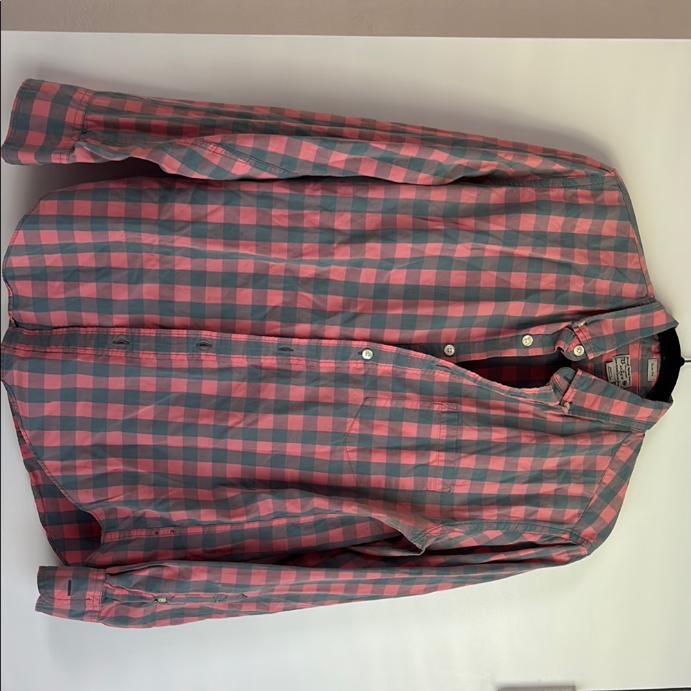 Pink and Gray Checkered Button-Up Shirt